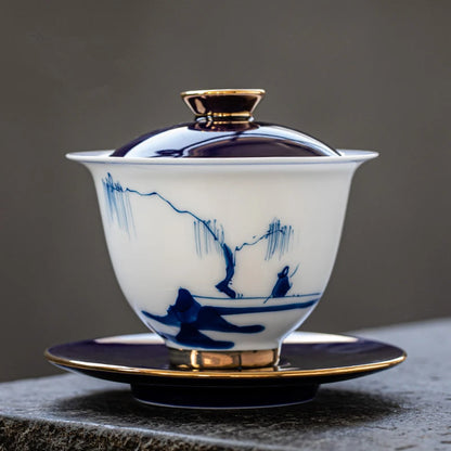 Hand Painted Ceramic Cover Bowl, Suet Jade Sancai Tea Bowl, Sweet White Porcelain Gaiwan, High Grade Gift