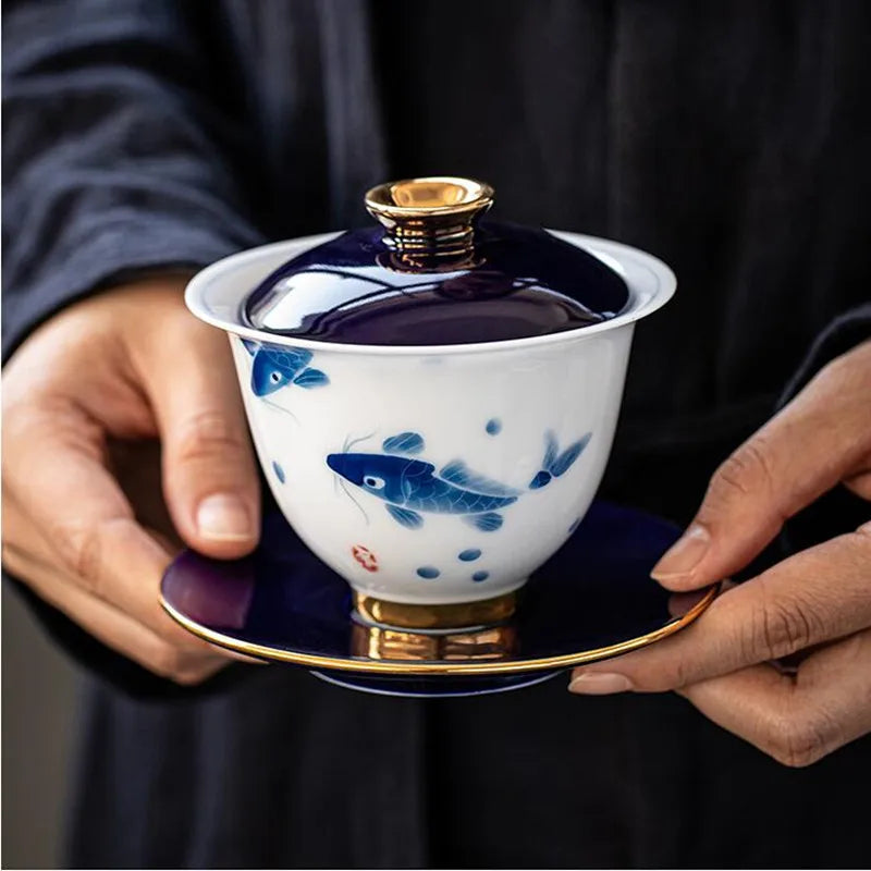 Hand Painted Ceramic Cover Bowl, Suet Jade Sancai Tea Bowl, Sweet White Porcelain Gaiwan, High Grade Gift