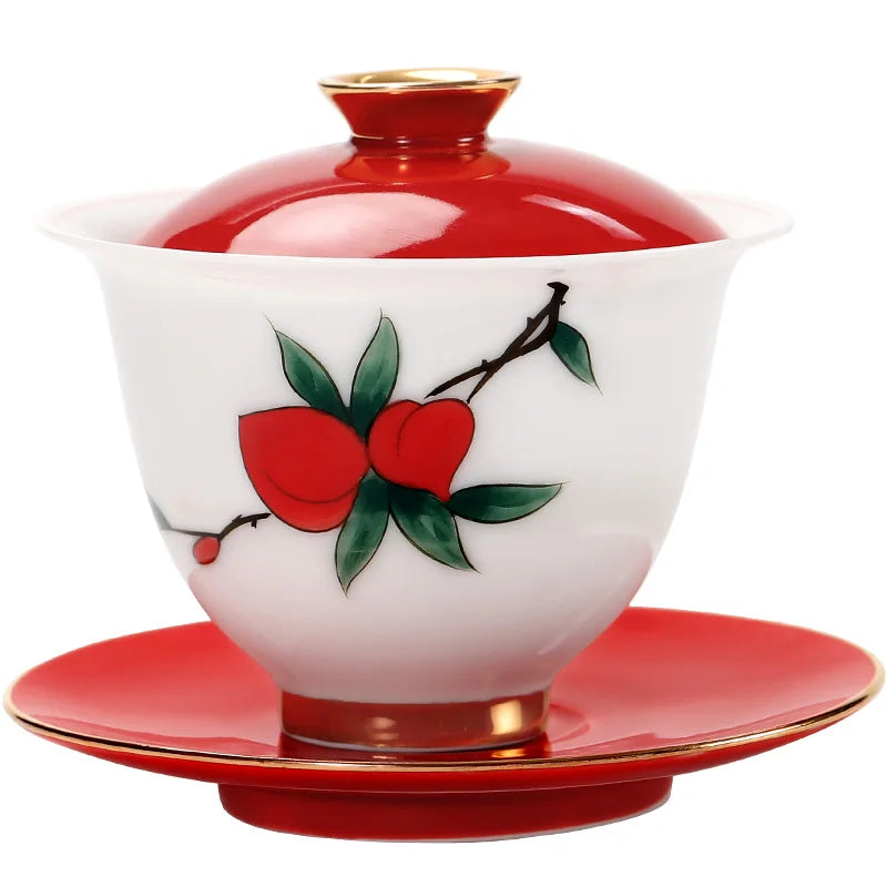 Hand Painted Ceramic Cover Bowl, Suet Jade Sancai Tea Bowl, Sweet White Porcelain Gaiwan, High Grade Gift