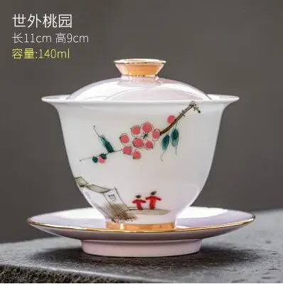 Hand Painted Ceramic Cover Bowl, Suet Jade Sancai Tea Bowl, Sweet White Porcelain Gaiwan, High Grade Gift