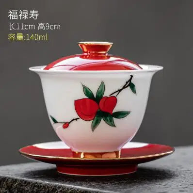 Hand Painted Ceramic Cover Bowl, Suet Jade Sancai Tea Bowl, Sweet White Porcelain Gaiwan, High Grade Gift