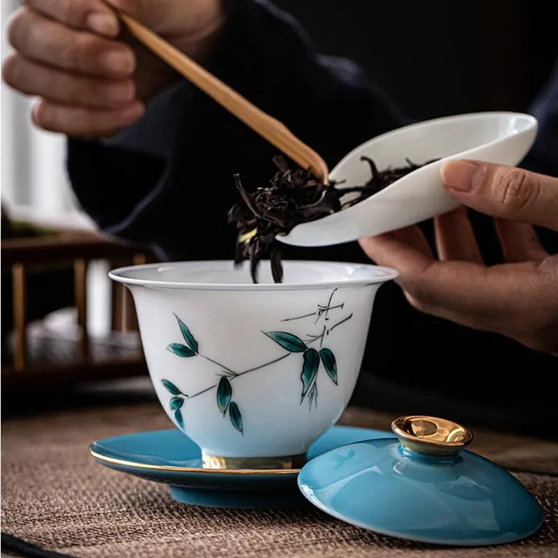 Hand Painted Ceramic Cover Bowl, Suet Jade Sancai Tea Bowl, Sweet White Porcelain Gaiwan, High Grade Gift