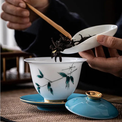 Hand Painted Ceramic Cover Bowl, Suet Jade Sancai Tea Bowl, Sweet White Porcelain Gaiwan, High Grade Gift