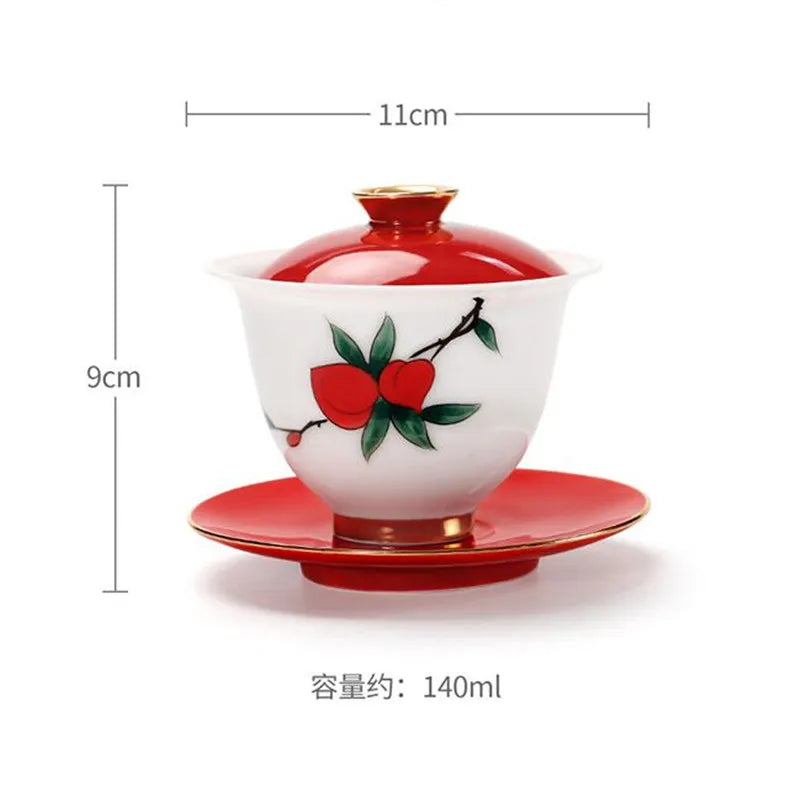 Hand Painted Ceramic Cover Bowl, Suet Jade Sancai Tea Bowl, Sweet White Porcelain Gaiwan, High Grade Gift