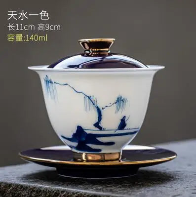 Hand Painted Ceramic Cover Bowl, Suet Jade Sancai Tea Bowl, Sweet White Porcelain Gaiwan, High Grade Gift