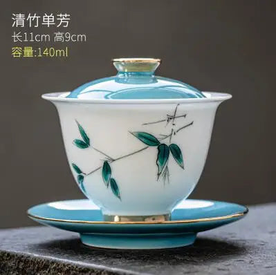 Hand Painted Ceramic Cover Bowl, Suet Jade Sancai Tea Bowl, Sweet White Porcelain Gaiwan, High Grade Gift