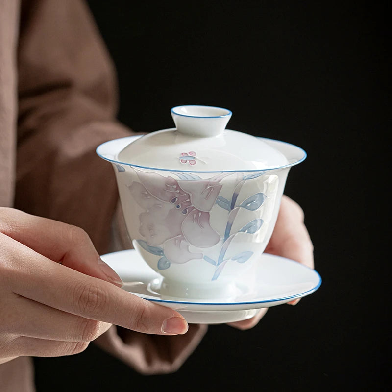 Hand Painted Ceramics Tea Tureen Household with Cover Teacup White Porcelain Teaware Customized Tea Ceremony Supplies 160ml