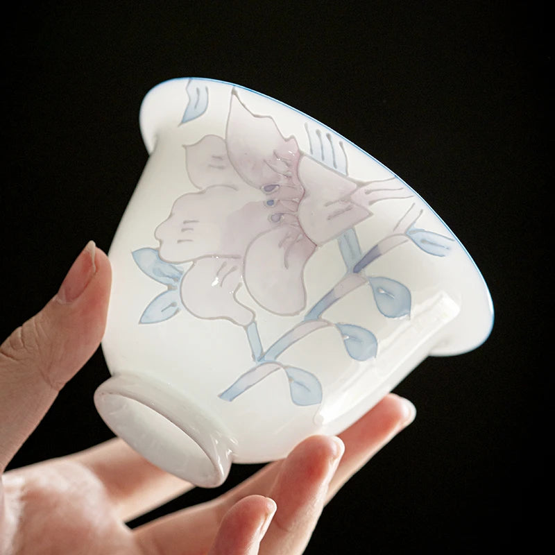 Hand Painted Ceramics Tea Tureen Household with Cover Teacup White Porcelain Teaware Customized Tea Ceremony Supplies 160ml