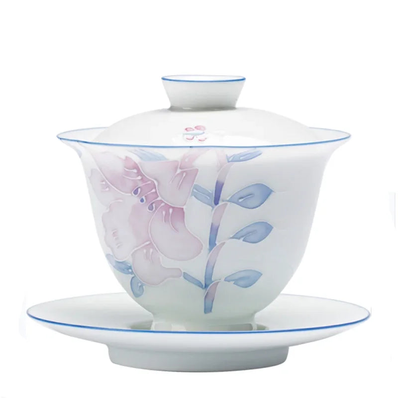 Hand Painted Ceramics Tea Tureen Household with Cover Teacup White Porcelain Teaware Customized Tea Ceremony Supplies 160ml