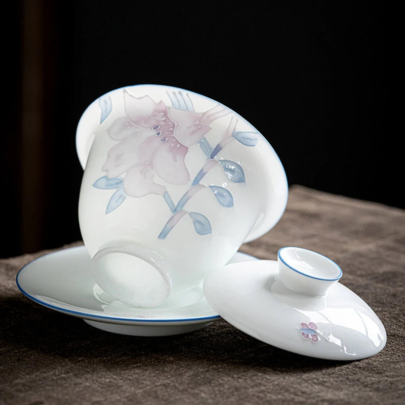 Hand Painted Ceramics Tea Tureen Household with Cover Teacup White Porcelain Teaware Customized Tea Ceremony Supplies 160ml