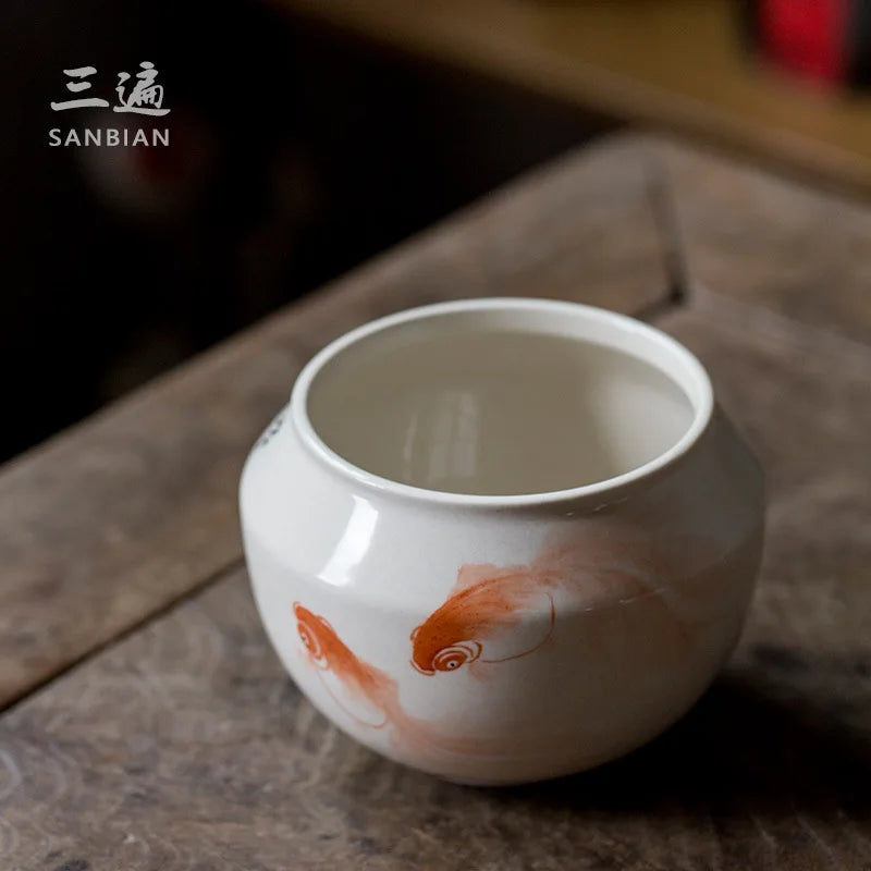 Hand Painted Fish Fine Ceramic Tea Wash Cup Wash Waste Water Tank Building Water Chinese Style Large Tea Basin Wash Tea Ware T
