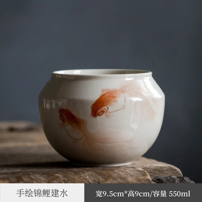 Hand Painted Fish Fine Ceramic Tea Wash Cup Wash Waste Water Tank Building Water Chinese Style Large Tea Basin Wash Tea Ware T
