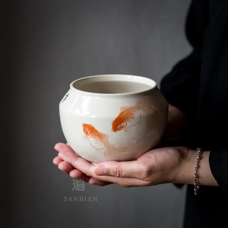Hand Painted Fish Fine Ceramic Tea Wash Cup Wash Waste Water Tank Building Water Chinese Style Large Tea Basin Wash Tea Ware T