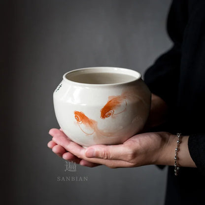 Hand Painted Fish Fine Ceramic Tea Wash Cup Wash Waste Water Tank Building Water Chinese Style Large Tea Basin Wash Tea Ware T