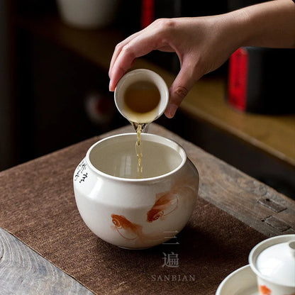 Hand Painted Fish Fine Ceramic Tea Wash Cup Wash Waste Water Tank Building Water Chinese Style Large Tea Basin Wash Tea Ware T