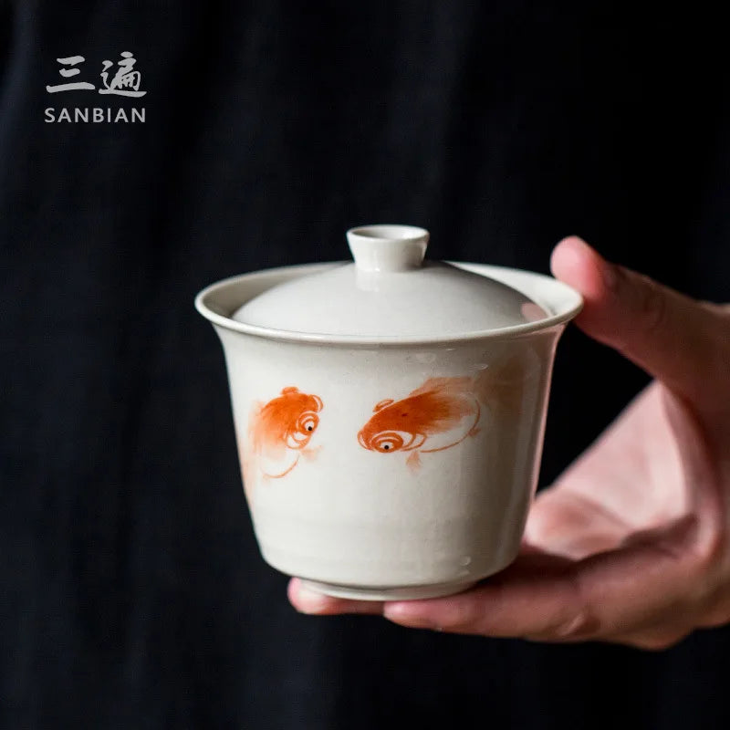 Hand Painted Goldfish Antique Tureen Ceramic Tea Set Retro Tea Cup Tureen Gaiwan Tureen Tea Brewing Bowl Chinese Style