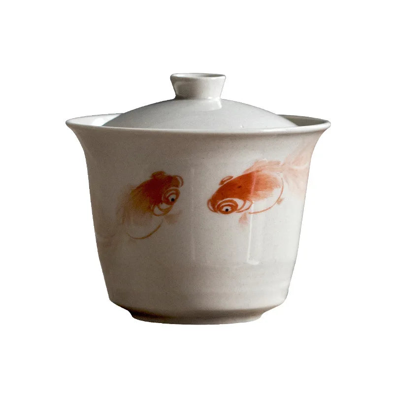 Hand Painted Goldfish Antique Tureen Ceramic Tea Set Retro Tea Cup Tureen Gaiwan Tureen Tea Brewing Bowl Chinese Style