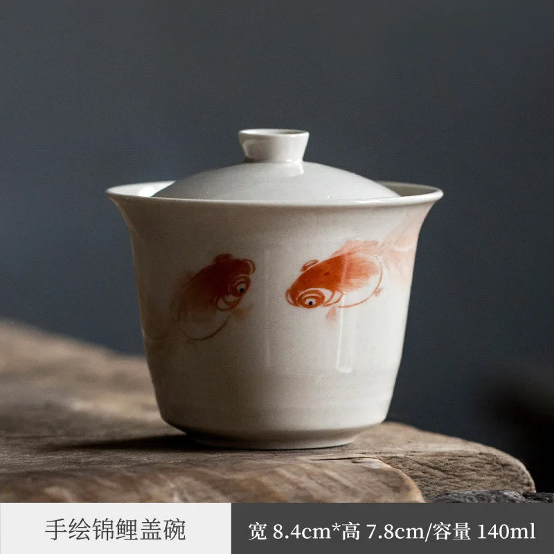 Hand Painted Goldfish Antique Tureen Ceramic Tea Set Retro Tea Cup Tureen Gaiwan Tureen Tea Brewing Bowl Chinese Style