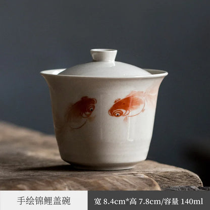 Hand Painted Goldfish Antique Tureen Ceramic Tea Set Retro Tea Cup Tureen Gaiwan Tureen Tea Brewing Bowl Chinese Style