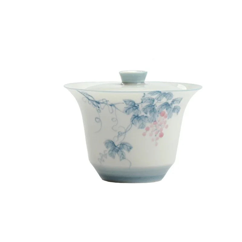 Hand Painted Grape vine Gaiwan For Tea Porcelain Tureen Teaware Set White Chinese Tea Bowl Chawan Tea Cup