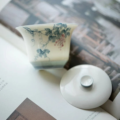 Hand Painted Grape vine Gaiwan For Tea Porcelain Tureen Teaware Set White Chinese Tea Bowl Chawan Tea Cup