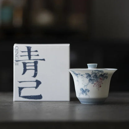 Hand Painted Grape vine Gaiwan For Tea Porcelain Tureen Teaware Set White Chinese Tea Bowl Chawan Tea Cup