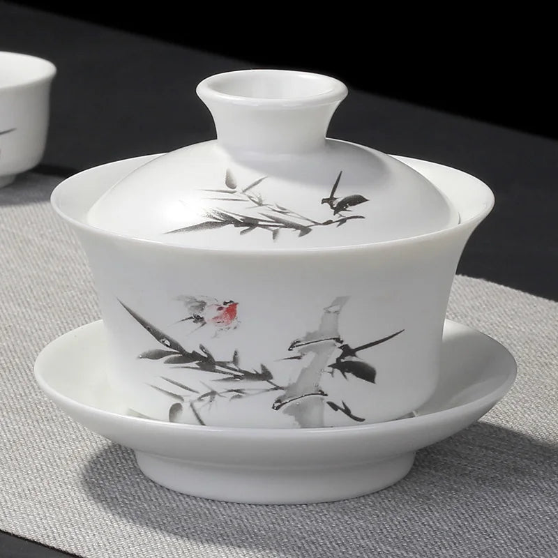 Hand Painted Jade Porcelain Ink Bamboo Ceramic Gaiwan, Chinese Teaset Teaware, Tureen Sancai Tea Cup, Pu'er Kettle