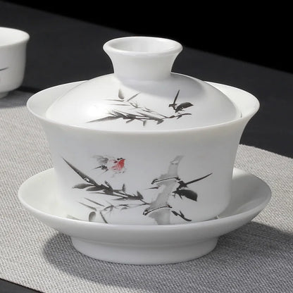 Hand Painted Jade Porcelain Ink Bamboo Ceramic Gaiwan, Chinese Teaset Teaware, Tureen Sancai Tea Cup, Pu'er Kettle