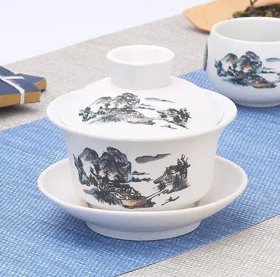 Hand Painted Jade Porcelain Ink Bamboo Ceramic Gaiwan, Chinese Teaset Teaware, Tureen Sancai Tea Cup, Pu'er Kettle