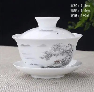 Hand Painted Jade Porcelain Ink Bamboo Ceramic Gaiwan, Chinese Teaset Teaware, Tureen Sancai Tea Cup, Pu'er Kettle