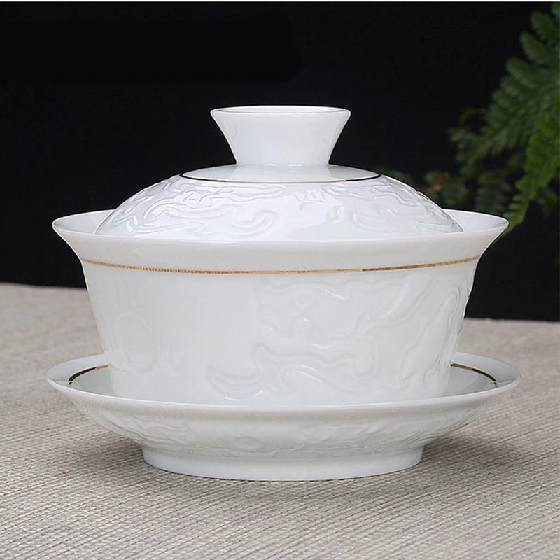 Hand Painted Jade Porcelain Ink Bamboo Ceramic Gaiwan, Chinese Teaset Teaware, Tureen Sancai Tea Cup, Pu'er Kettle