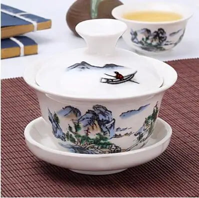 Hand Painted Jade Porcelain Ink Bamboo Ceramic Gaiwan, Chinese Teaset Teaware, Tureen Sancai Tea Cup, Pu'er Kettle