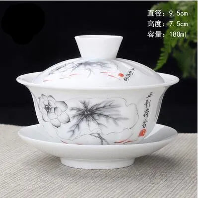 Hand Painted Jade Porcelain Ink Bamboo Ceramic Gaiwan, Chinese Teaset Teaware, Tureen Sancai Tea Cup, Pu'er Kettle
