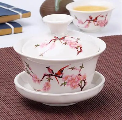 Hand Painted Jade Porcelain Ink Bamboo Ceramic Gaiwan, Chinese Teaset Teaware, Tureen Sancai Tea Cup, Pu'er Kettle