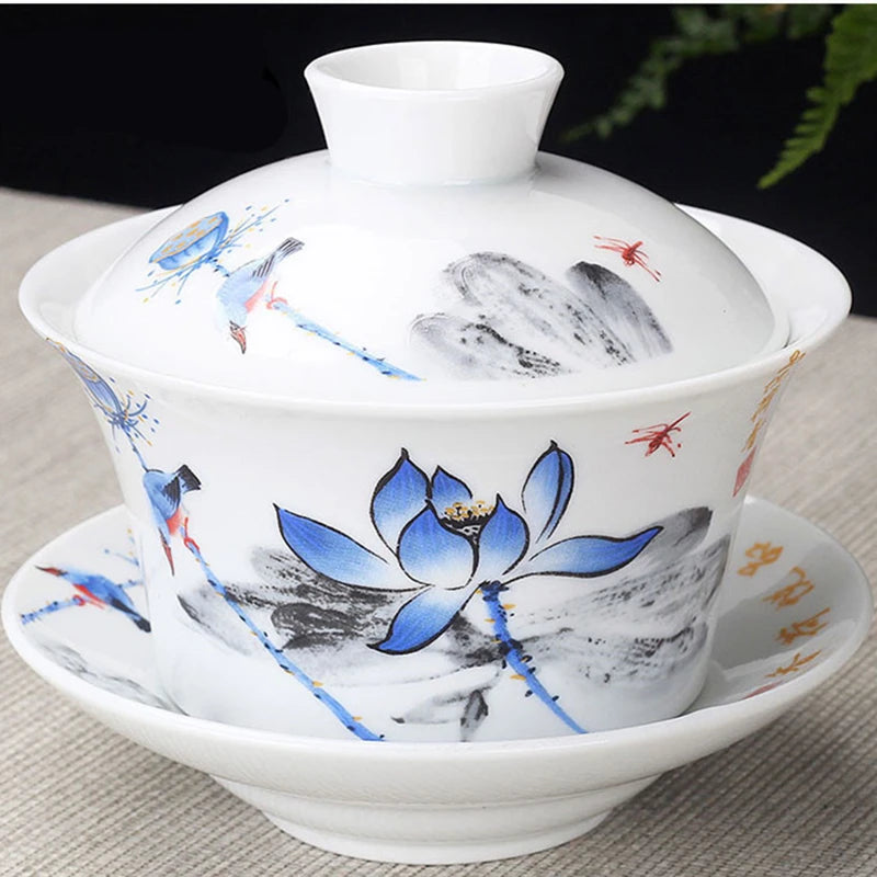 Hand Painted Jade Porcelain Ink Bamboo Ceramic Gaiwan, Chinese Teaset Teaware, Tureen Sancai Tea Cup, Pu'er Kettle