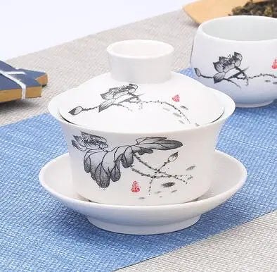 Hand Painted Jade Porcelain Ink Bamboo Ceramic Gaiwan, Chinese Teaset Teaware, Tureen Sancai Tea Cup, Pu'er Kettle