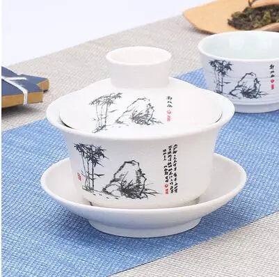 Hand Painted Jade Porcelain Ink Bamboo Ceramic Gaiwan, Chinese Teaset Teaware, Tureen Sancai Tea Cup, Pu'er Kettle