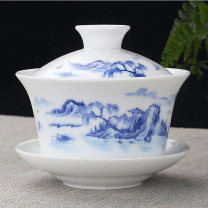 Hand Painted Jade Porcelain Ink Bamboo Ceramic Gaiwan, Chinese Teaset Teaware, Tureen Sancai Tea Cup, Pu'er Kettle