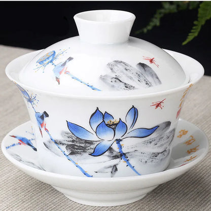 Hand Painted Jade Porcelain Teaware, Peach Blossoms, Ceramic Gaiwan, Chinese Teaset Teaware, Tureen Sancai Tea Cup, Pu'er Kettle