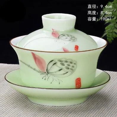 Hand Painted Jade Porcelain Teaware, Peach Blossoms, Ceramic Gaiwan, Chinese Teaset Teaware, Tureen Sancai Tea Cup, Pu'er Kettle