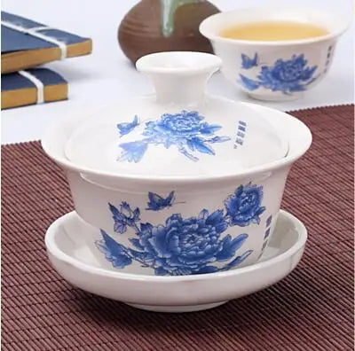 Hand Painted Jade Porcelain Teaware, Peach Blossoms, Ceramic Gaiwan, Chinese Teaset Teaware, Tureen Sancai Tea Cup, Pu'er Kettle