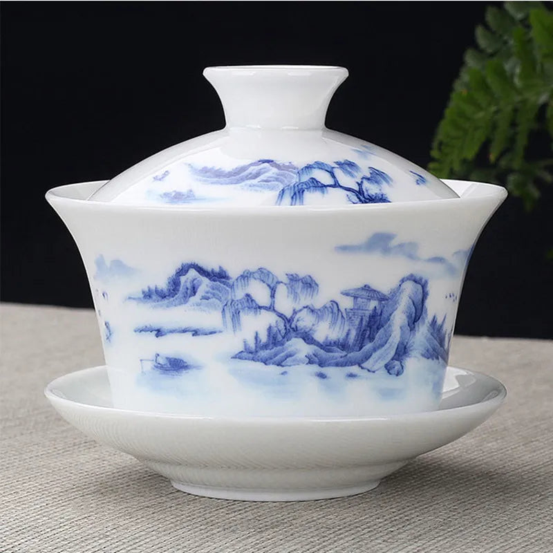 Hand Painted Jade Porcelain Teaware, Peach Blossoms, Ceramic Gaiwan, Chinese Teaset Teaware, Tureen Sancai Tea Cup, Pu'er Kettle