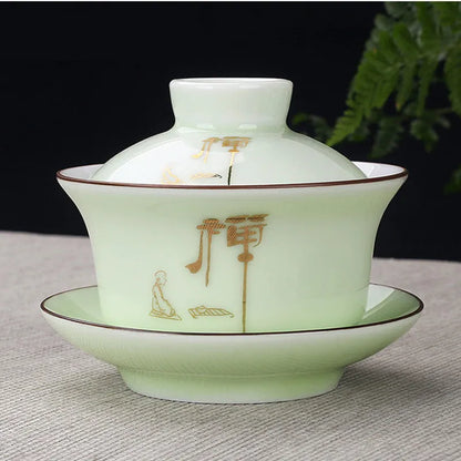 Hand Painted Jade Porcelain Teaware, Peach Blossoms, Ceramic Gaiwan, Chinese Teaset Teaware, Tureen Sancai Tea Cup, Pu'er Kettle