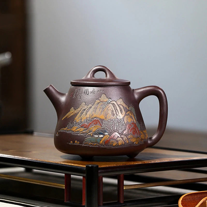 Hand Painted Landscape High Stone Scoop Teapot Boutique Yixing Purple Clay Tea Pot Tradition Beauty Tea Maker Zisha Teaware