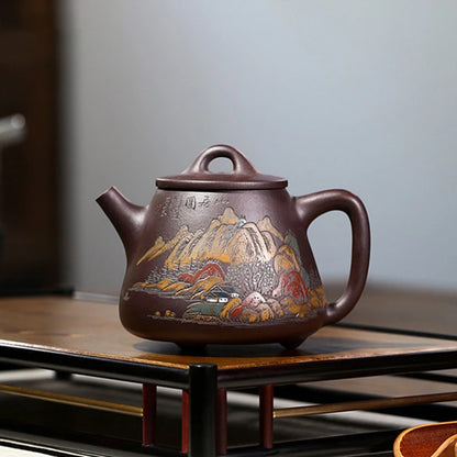 Hand Painted Landscape High Stone Scoop Teapot Boutique Yixing Purple Clay Tea Pot Tradition Beauty Tea Maker Zisha Teaware