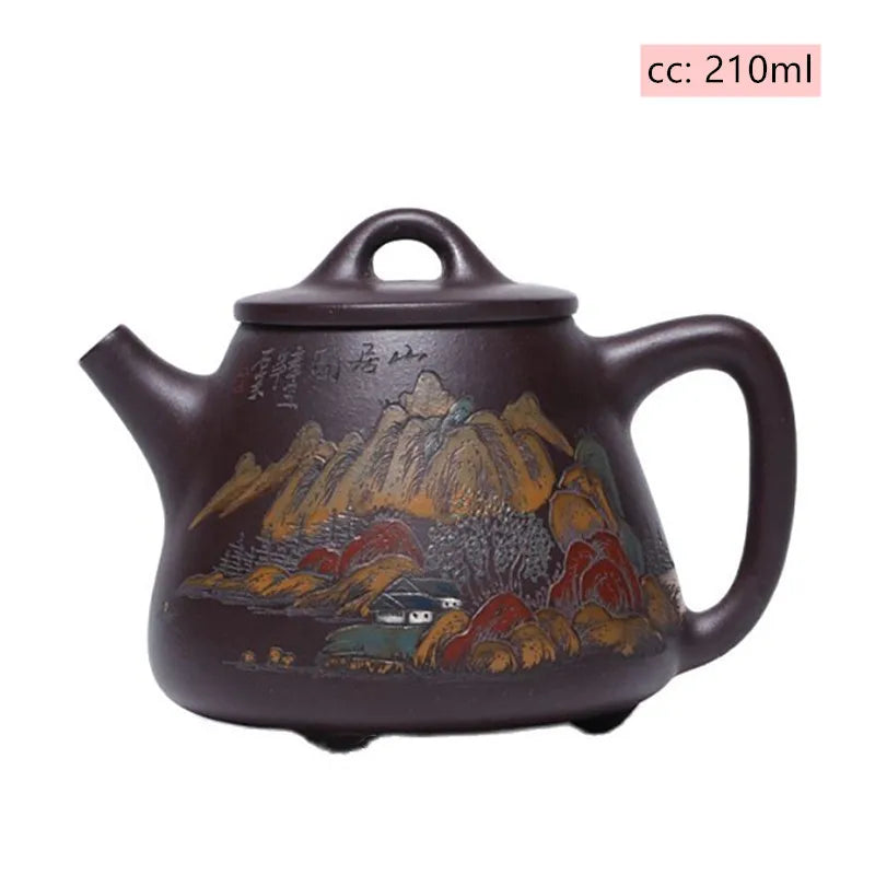 Hand Painted Landscape High Stone Scoop Teapot Boutique Yixing Purple Clay Tea Pot Tradition Beauty Tea Maker Zisha Teaware