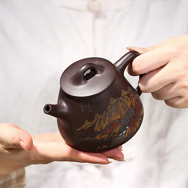 Hand Painted Landscape High Stone Scoop Teapot Boutique Yixing Purple Clay Tea Pot Tradition Beauty Tea Maker Zisha Teaware