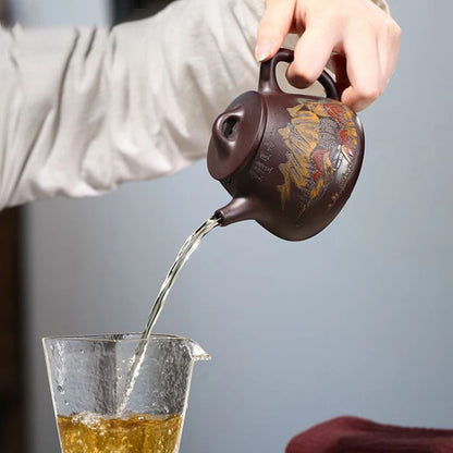 Hand Painted Landscape High Stone Scoop Teapot Boutique Yixing Purple Clay Tea Pot Tradition Beauty Tea Maker Zisha Teaware