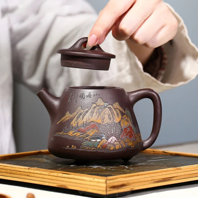 Hand Painted Landscape High Stone Scoop Teapot Boutique Yixing Purple Clay Tea Pot Tradition Beauty Tea Maker Zisha Teaware