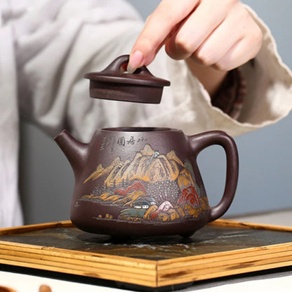 Hand Painted Landscape High Stone Scoop Teapot Boutique Yixing Purple Clay Tea Pot Tradition Beauty Tea Maker Zisha Teaware